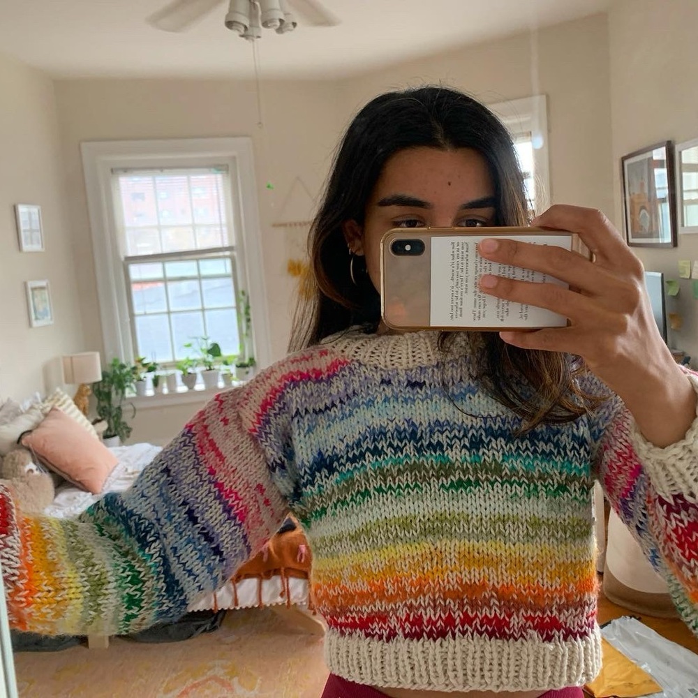 Gorgeous hand knit rainbow stripe sweater